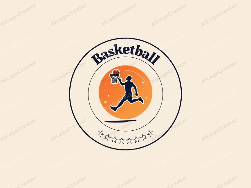 playful design features a dynamic athlete leaping towards a basketball hoop, with a vibrant orange color palette and a clean background.