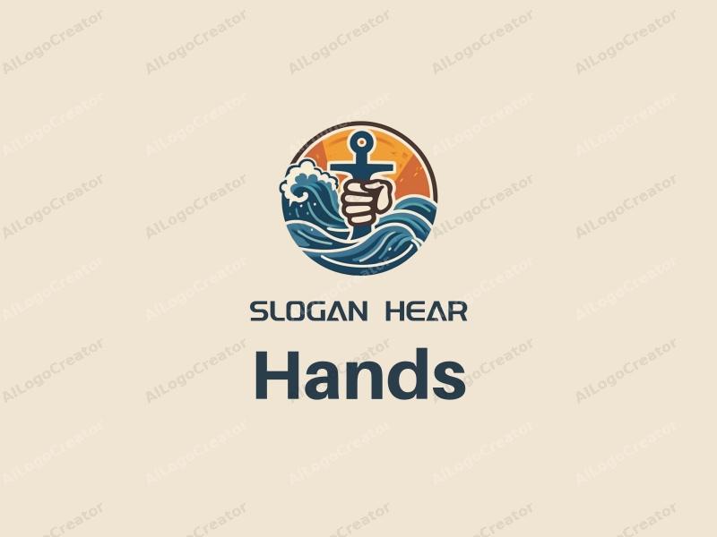 a modern design featuring a stylized hand gripping an object, combined with ocean waves and Viking motifs, set against a clean background.