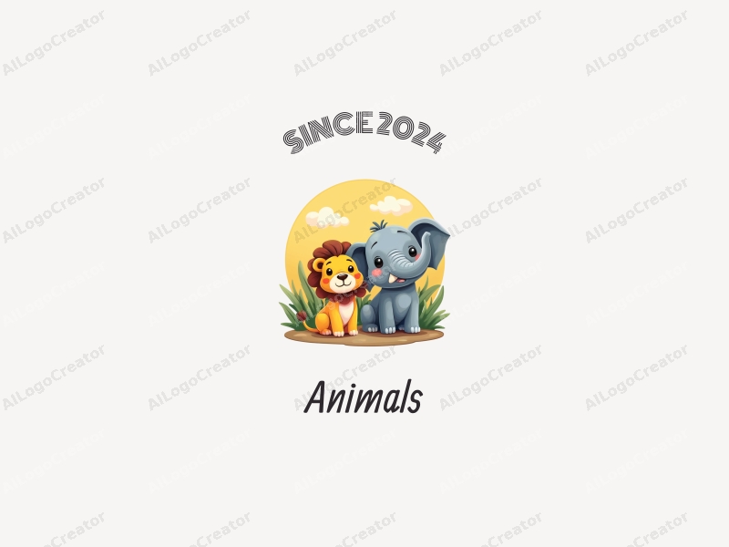 playful design features a small lion and a small elephant in a vibrant, colorful setting, incorporating elements of wildlife and education with a clean background.