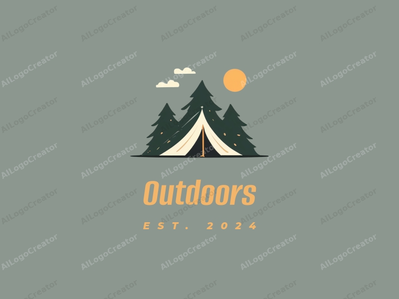 modern design features a stylized camping tent and mountain peak, combined with a clean background and a harmonious composition.