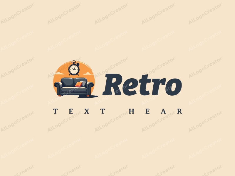 vintage design features a retro sofa, retro glasses, and a retro clock, combined with a retro poster design approach, set against a clean background.