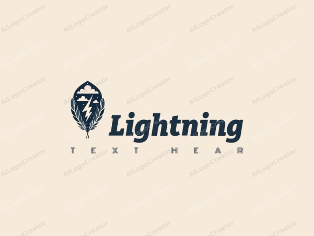 geometric design features stylized lightning bolts and electric currents intertwined with clouds and feathers, combined with a clean background.