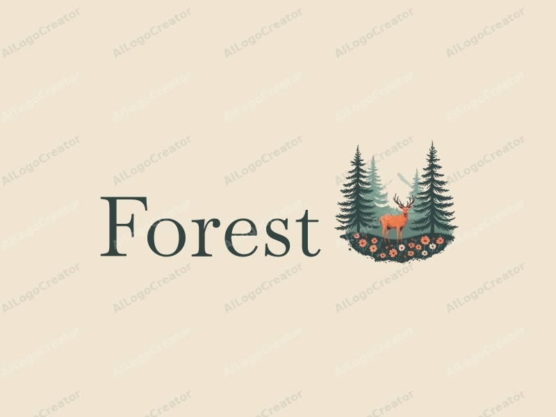 vintage design features a serene forest landscape with stylized trees, a graceful deer, and delicate flowers, combined with a clean background.