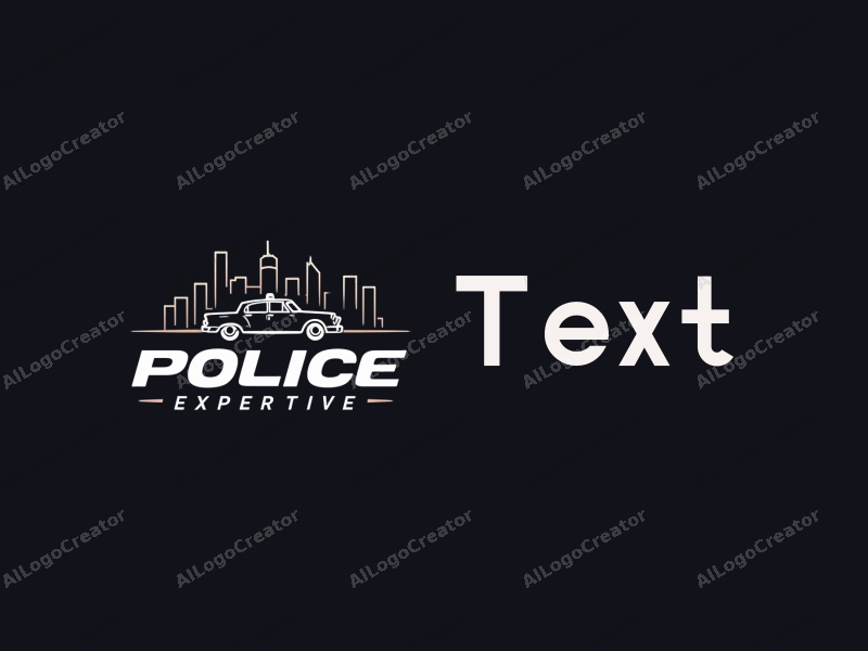 modern design features bold text and a sleek font, combined with a stylized skyline and a minimalist police car silhouette, set against a clean black background.