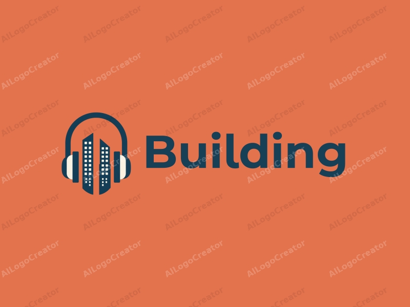 modern design features a stylized building and structure integrated with headphones, utilizing a clean and minimalistic approach combined with a simple background.