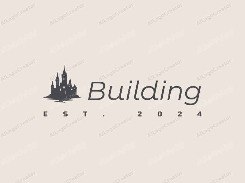 modern design features sleek architectural structures, a stylized knight silhouette, and a castle outline combined with a clean gray background.