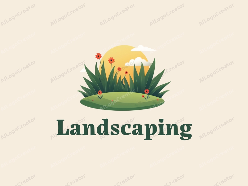 modern design features a stylized lawn and garden with abstract plants and flowers, combined with a clean background.