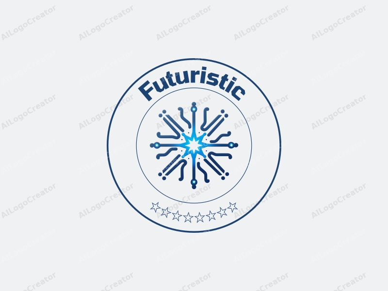 a modern minimalist design featuring stylized circuits intertwined with star motifs, utilizing a silver and blue color palette, combined with a clean background to evoke a sense of innovation and futurism.