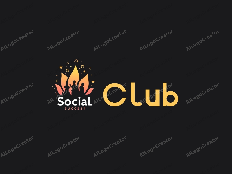 a modern design featuring a stylized club silhouette, musical notes, and social elements combined with a clean black background.