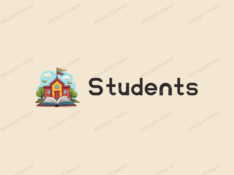 playful design features cheerful students, a stylized school building, open books, and whimsical birds, combined with a vibrant and colorful background.