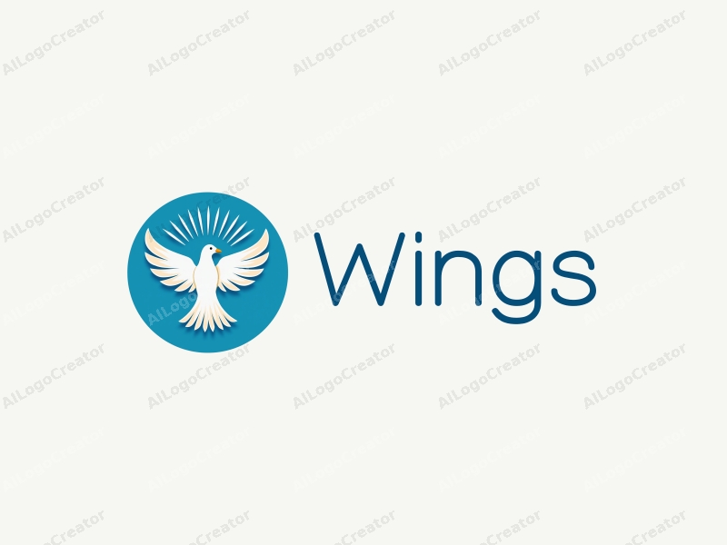 playful design features stylized wings and a flying dove, radiating rays of light, combined with a clean blue background.