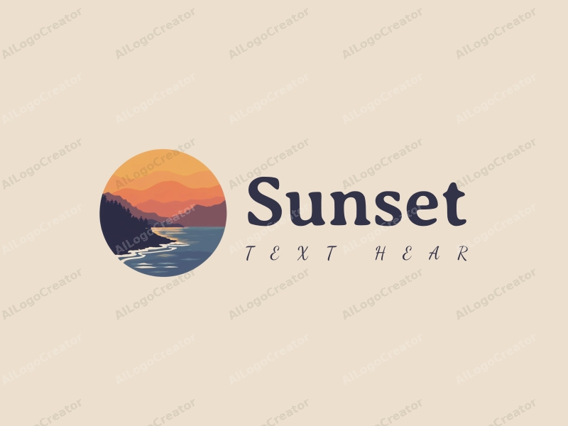 vintage design features a stylized sunset over a serene coastline with mountains in the background, using a harmonious blend of orange and purple colors, combined with a clean and simple layout.