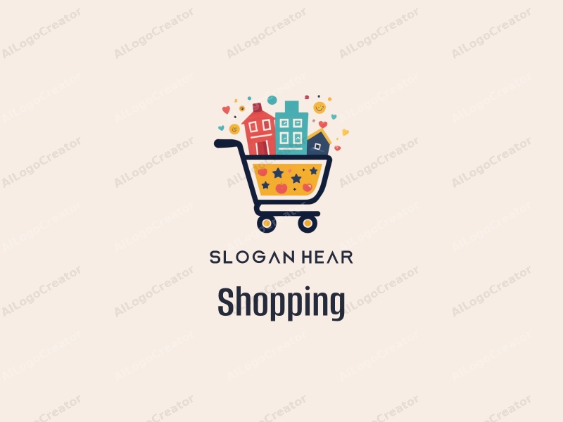 a modern design featuring a colorful shopping cart and a stylized mall, combined with elements of home comfort, set against a clean background.