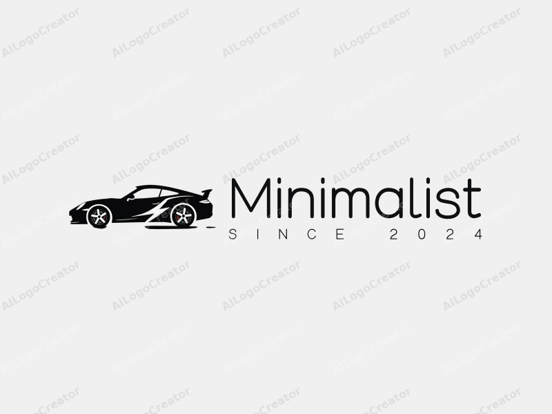 minimalist design features a sleek sports car silhouette intertwined with dynamic lightning bolt elements, utilizing a black and white color scheme, emphasizing clean lines and simplicity.