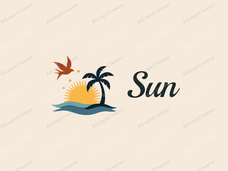 playful design features a bright sun radiating light, a stylized palm tree, and a whimsical swallow, combined with a clean background.