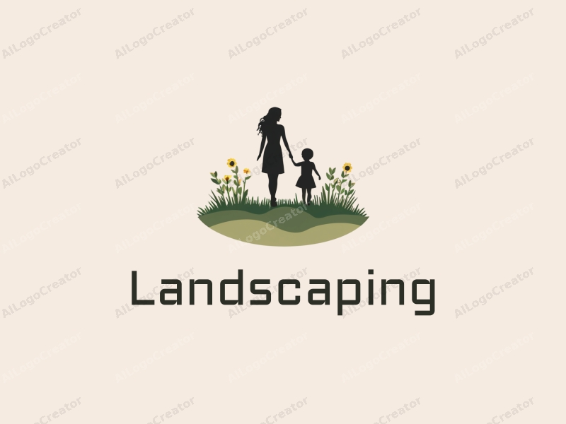 modern design features a stylized lawn and garden scene, incorporating the silhouettes of a mother and child, combined with a clean background.