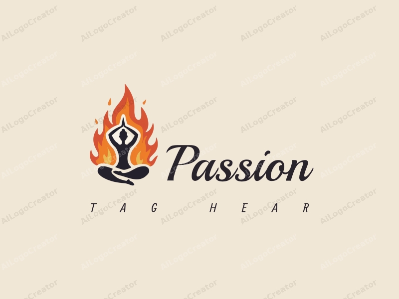 playful design features a stylized yoga pose intertwined with flames, symbolizing passion and enthusiasm, combined with a clean background.