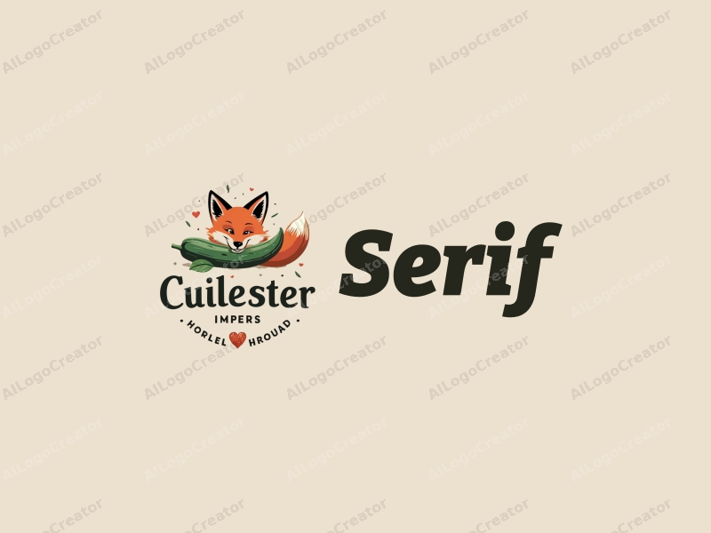 vintage design features elegant serif fonts, a stylized fox, and a cucumber, combined with a clean background.