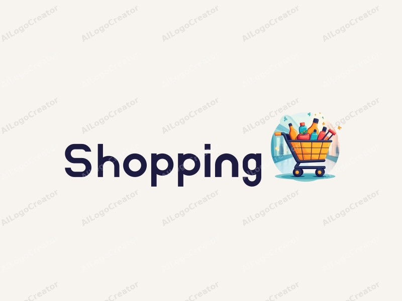 a modern design featuring a colorful shopping cart filled with various products, set against a stylized mall background, emphasizing simplicity and harmony in composition.