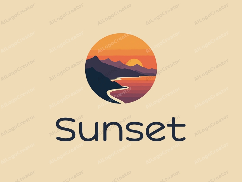 vintage design features a stylized sunset over a coastline with mountains in the background, using a harmonious blend of orange and purple colors, combined with a clean and simple layout.