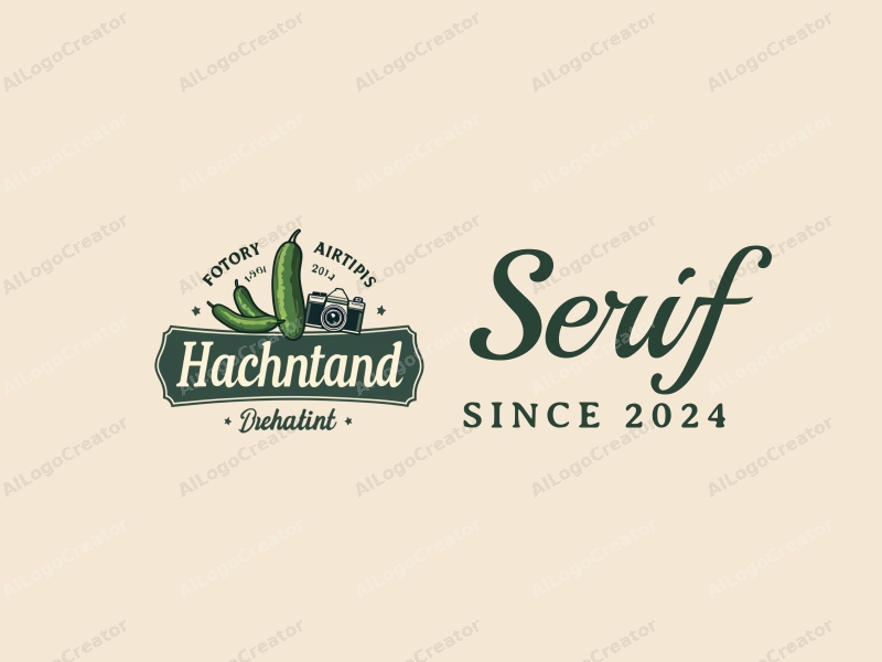 vintage design features elegant serif fonts, a stylized cucumber, and a classic camera, combined with a clean background.