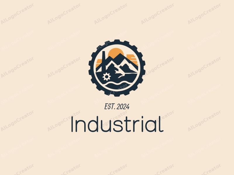 modern design features a stylized factory silhouette, interlocking gears, and mountain shapes combined with a clean background.