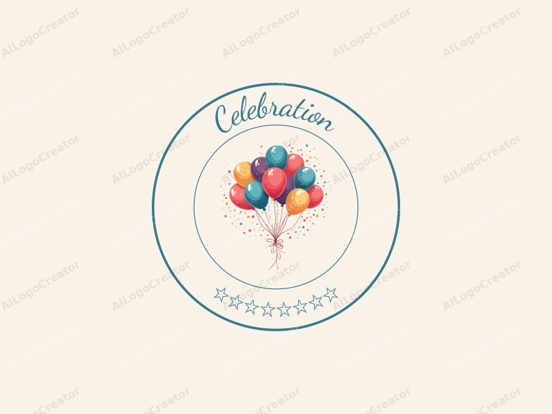 playful design features colorful balloons and streamers, a festive atmosphere with gold accents, combined with a clean background.