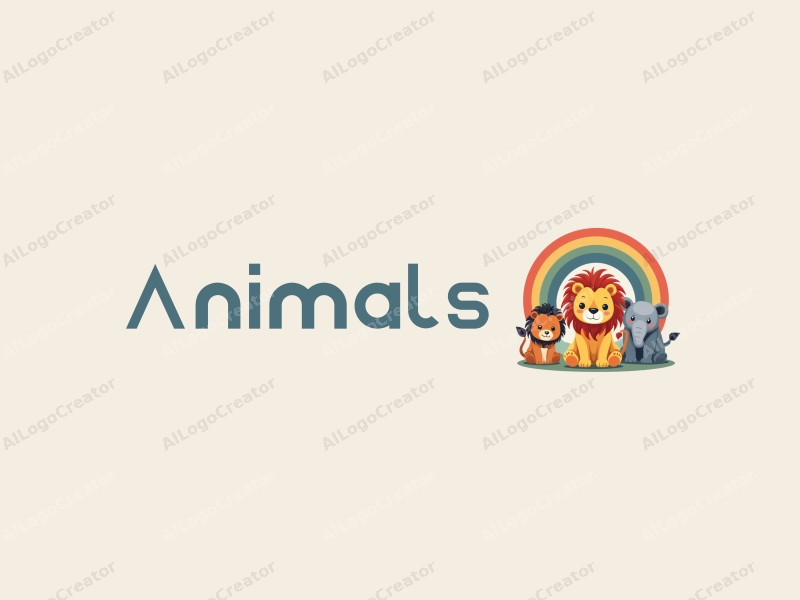 playful design features a small lion with a vibrant rainbow, incorporating various colorful wild animals in a harmonious composition against a clean background.