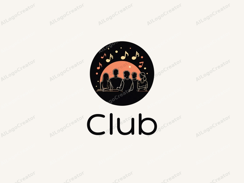 a modern design featuring a stylized club scene with social elements, incorporating musical notes and hand gestures, combined with a clean black background.