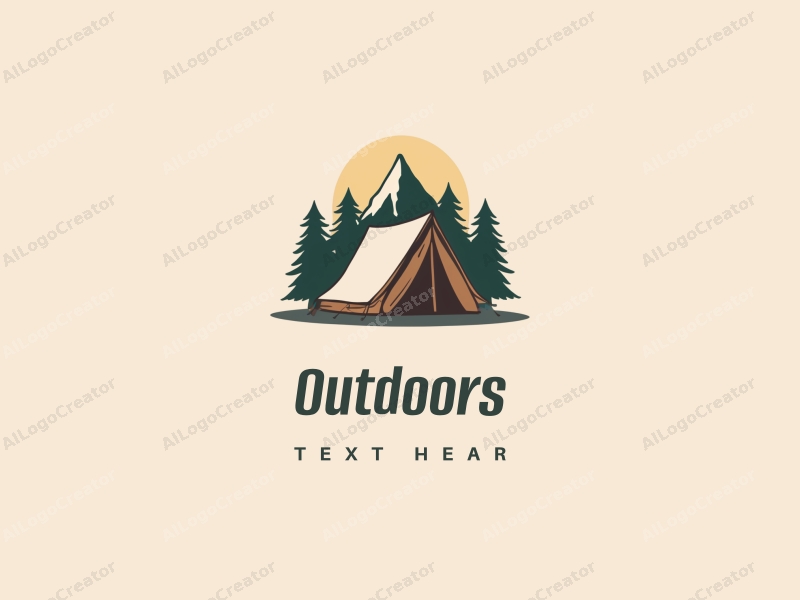 modern design features a stylized camping tent and mountain peak, combined with a clean background and a harmonious composition.