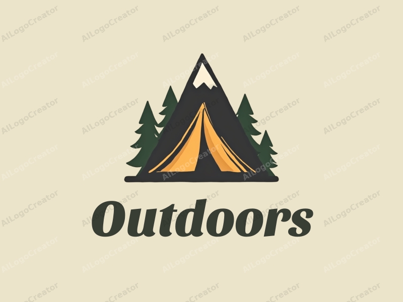 modern design features a stylized camping tent and mountain peak, combined with a clean background and a harmonious composition.