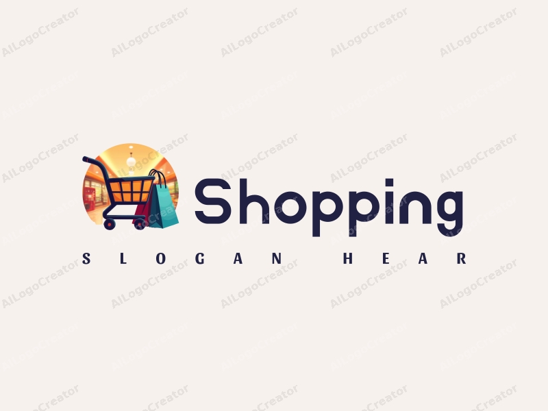 a modern design featuring a colorful shopping cart and shopping bag, combined with a vibrant mall background, emphasizing a clean and harmonious composition.