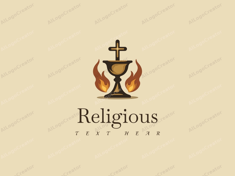 vintage design features a stylized cross, a chalice, and flames, combined with a gold color palette and a clean background.