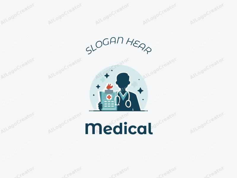 modern design features a stylized hospital silhouette, a doctor figure, a stethoscope, and a clipboard, combined with a clean background.