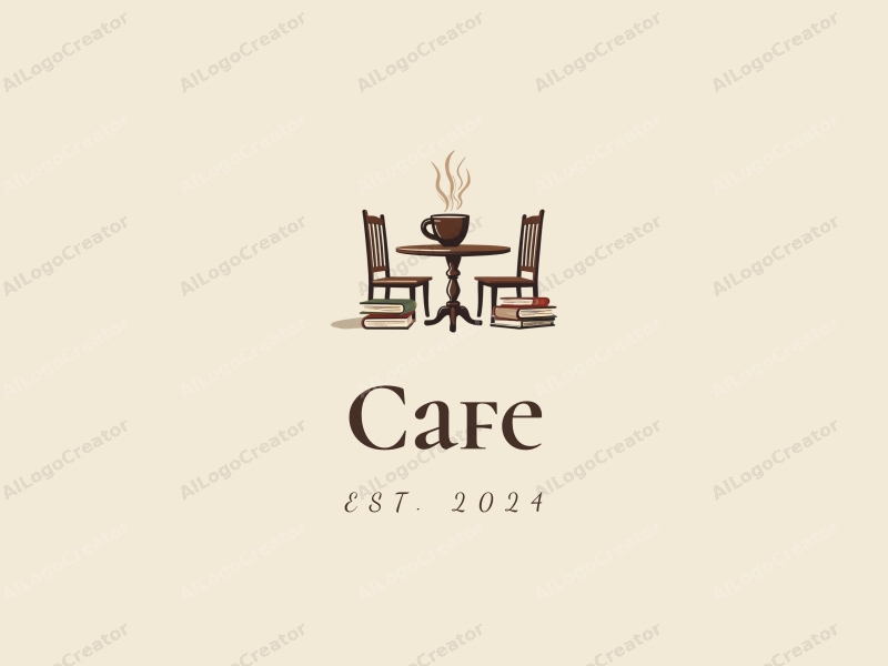 vintage design features a stylized coffee cup, a cozy table and chair setup, and a stack of books, combined with a clean background.