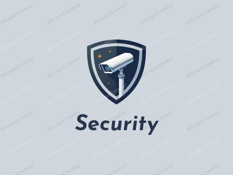 modern design features a stylized shield and a surveillance camera, combined with a clean background and a focus on security elements.