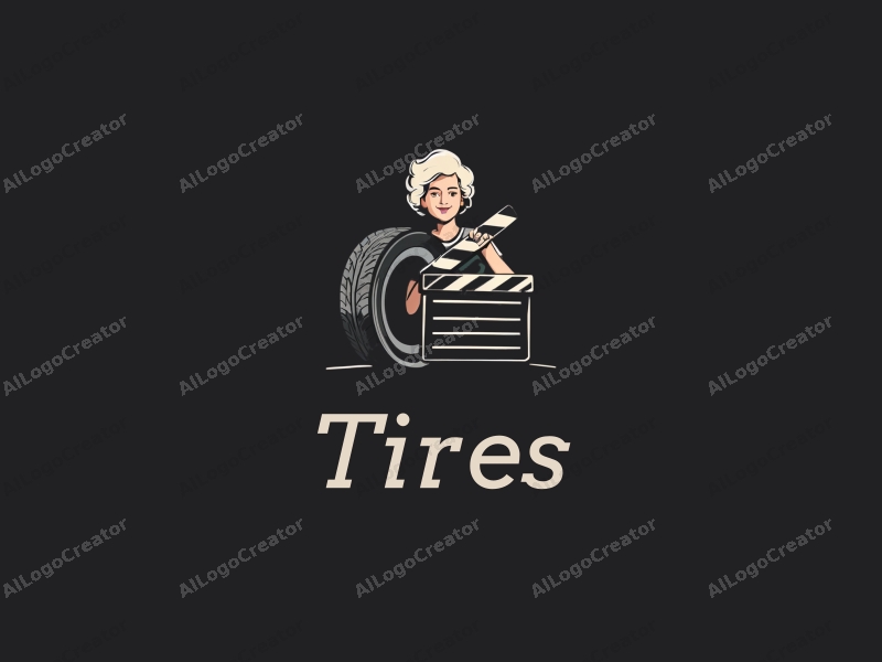 a modern design featuring a stylized tire and car tire, combined with a silhouette of a grandmother holding a film clapperboard, all set against a clean black background.