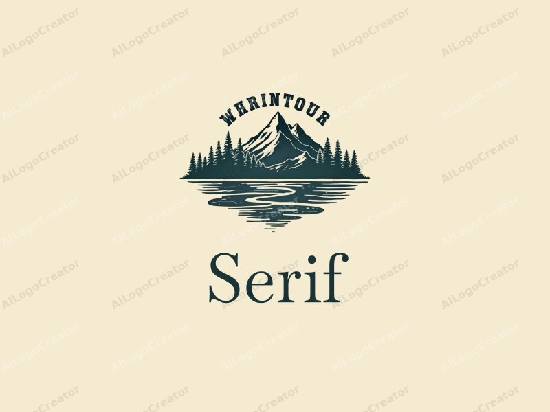 vintage design features elegant serif fonts, stylized mountains and flowing rivers, combined with a clean background.