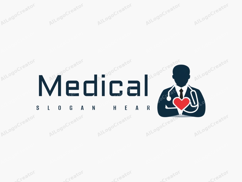 modern design features a stylized hospital silhouette, a doctor figure, a stethoscope intertwined with a heart, combined with a clean background.