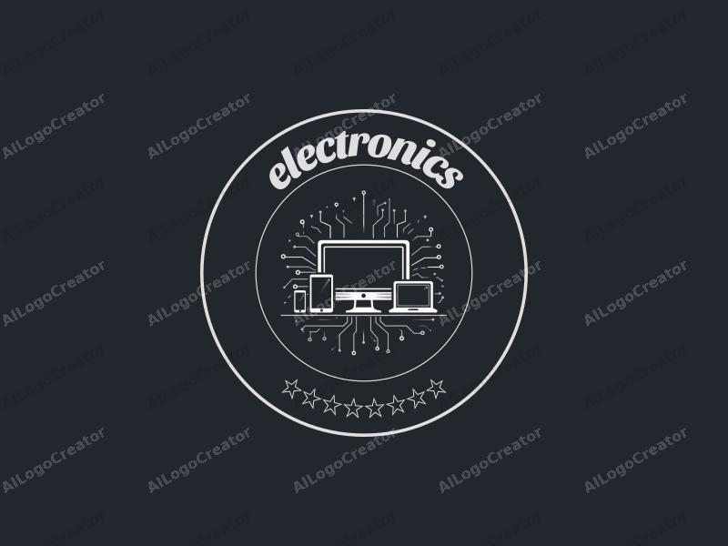 modern design features sleek electronic devices, a stylized computer silhouette, and intricate circuit patterns combined with a clean silver background.