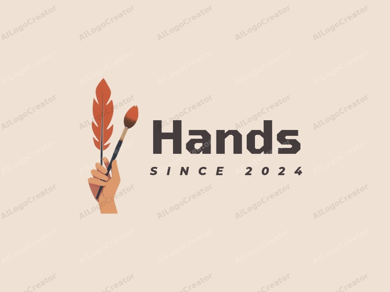 modern design features a stylized hand holding a feather and a paintbrush, combined with a clean background in skin tone colors.