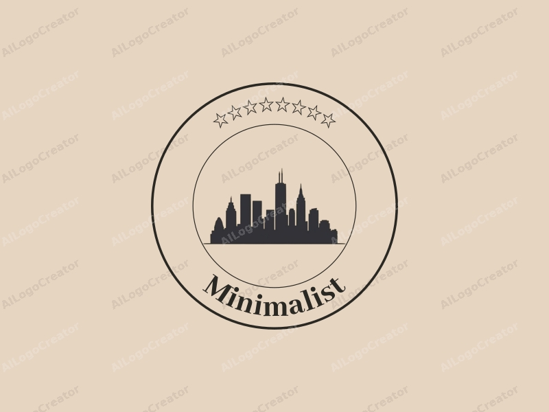 minimalist design features a stylized city skyline silhouette with clean lines, incorporating a tag style approach combined with a simple background.