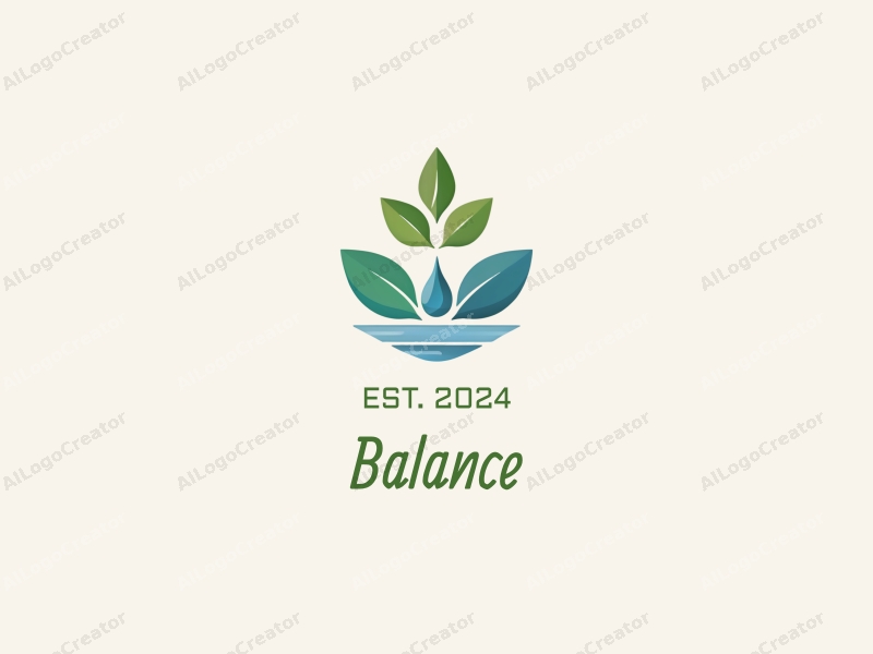 a modern minimalist design featuring a stylized tree and a water droplet, symbolizing balance and harmony, combined with a clean background in green, blue, and white colors.