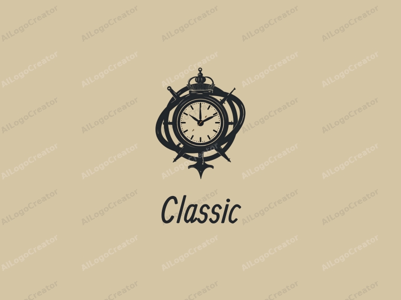 vintage design features a classic clock intertwined with a stylized globe, using dark and neutral colors, combined with a clean background.