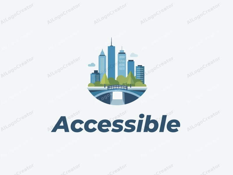 modern design features accessibility elements like ramps and bridges, combined with a clean background in blue and green colors, emphasizing inclusivity and urban planning.