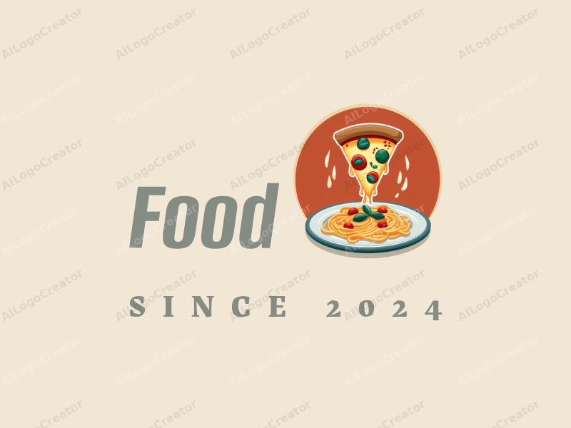 a modern design featuring vibrant colors, a stylized pizza slice and a plate of pasta, combined with a clean background and a harmonious composition.