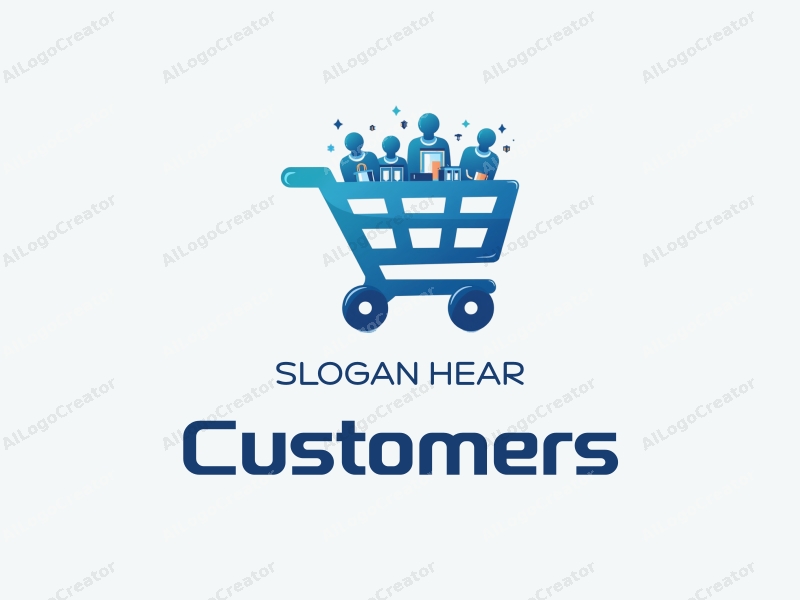 a modern design featuring a stylized shopping cart filled with products, accompanied by abstract representations of customers and shoppers, utilizing a clean and simple composition with a blue color palette.