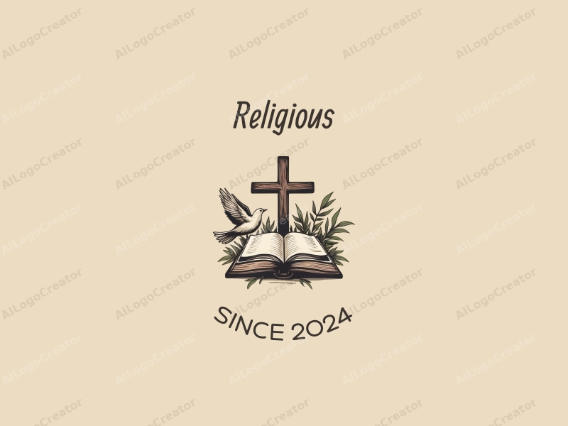 vintage design features a stylized cross, an open Bible, and a dove, combined with a clean background and harmonious composition.