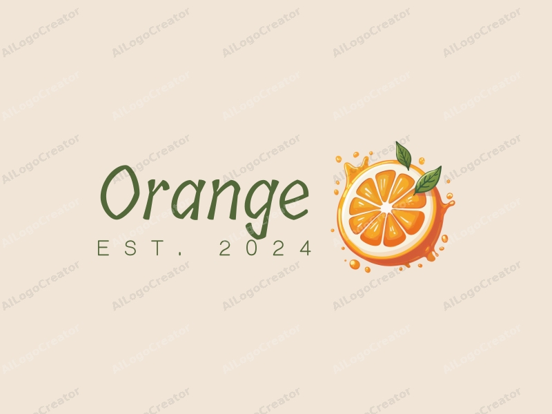 playful design features a stylized orange, splashes of juice, and water droplets, combined with a clean background.