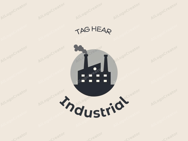 a modern minimalist design featuring a stylized factory silhouette, interlocking gears, and welding elements combined with a clean gray and black background.